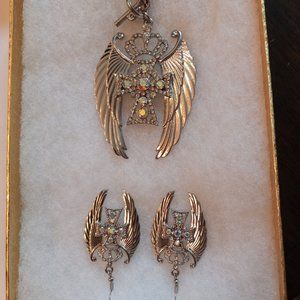 SILVER CROSS WINGS CROWN CHOKER AND EARRINGS SET RHINESTONES